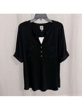 Anne Klein 2X Black Short Roll Up Sleeve Three Button Yoke Collar Jersey Top